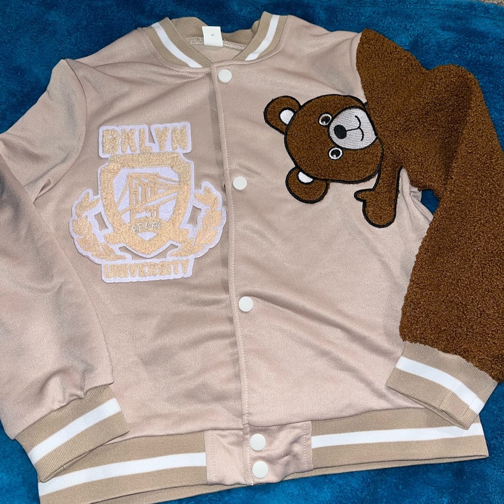 Unisex bear sleeve varsity jacket